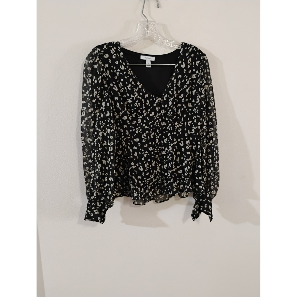 Nine West Womens Black White Animal Print V-Neck Long Sleeve Chiffon Blouse S